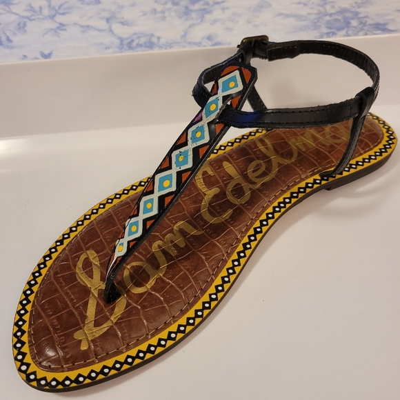 Sam Edelman Gigi t-strap boho sandal painted Aztec tribal print black leather - Picture 7 of 11